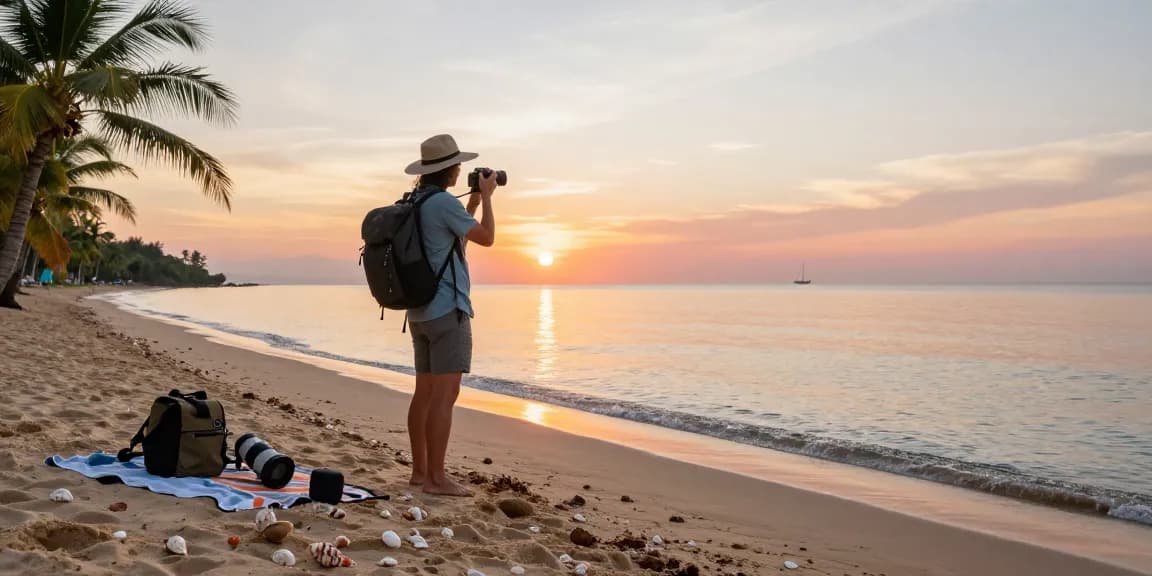Liburan di pantai dengan suasana tenang, traveler dengan peralatan di pasir dekat laut di https://miami4d.com/.