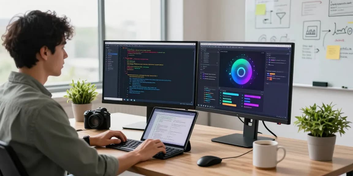 Software developer showcasing crush ai technology in a vibrant modern office workspace.