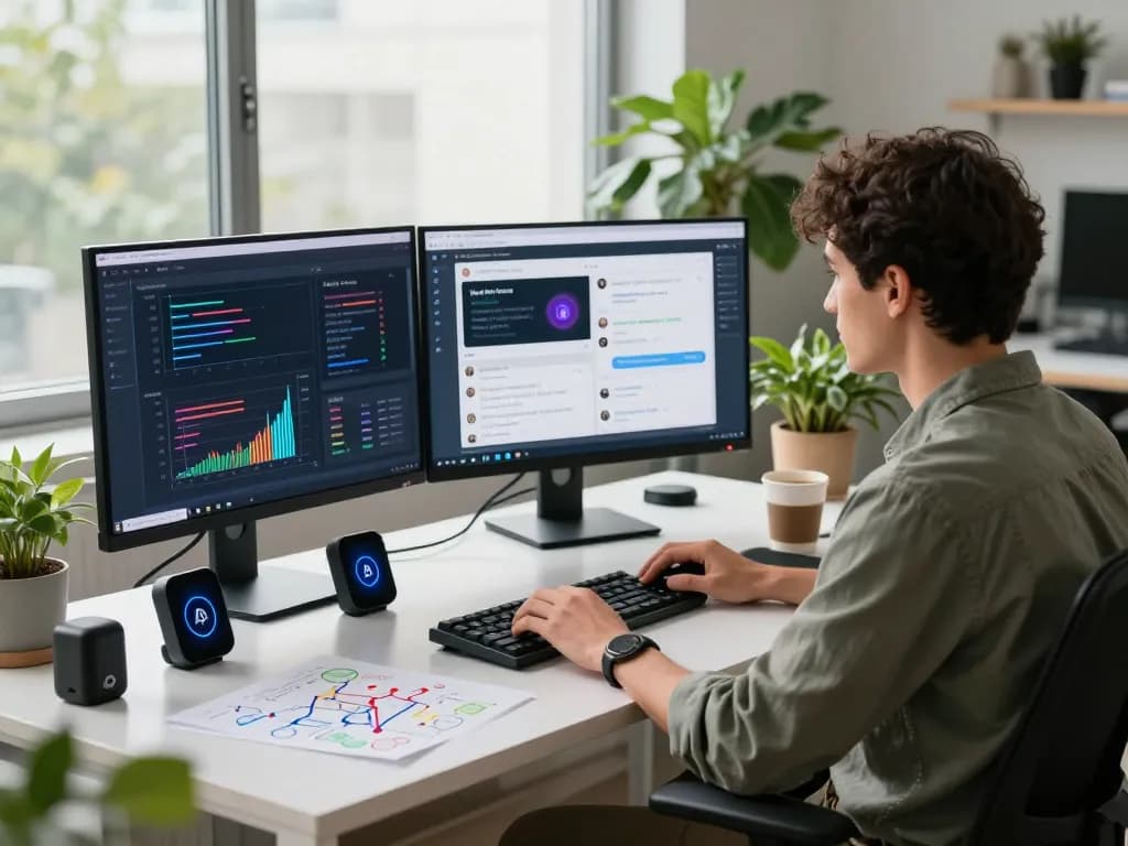 Person engaged in innovative AI technology workspace showcasing juicy ai interactions and insights with dynamic visuals.