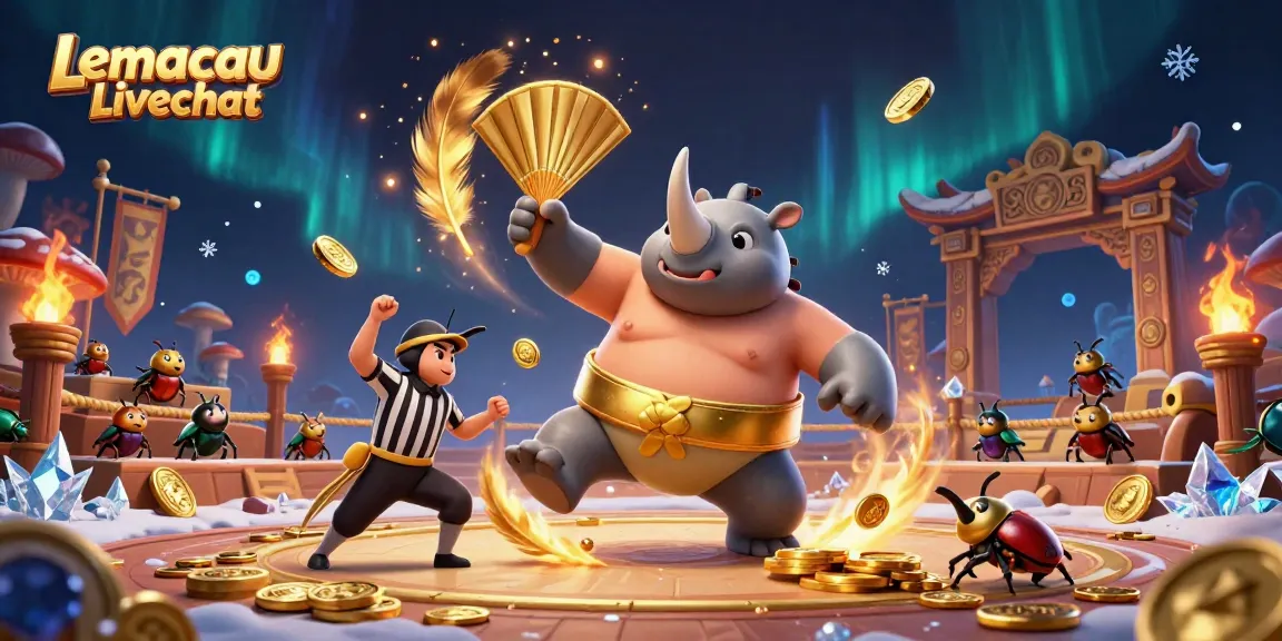 Engage with Lemacau Livechat in a dynamic, 3D scene featuring a beetle sumo champion and vibrant casino elements.