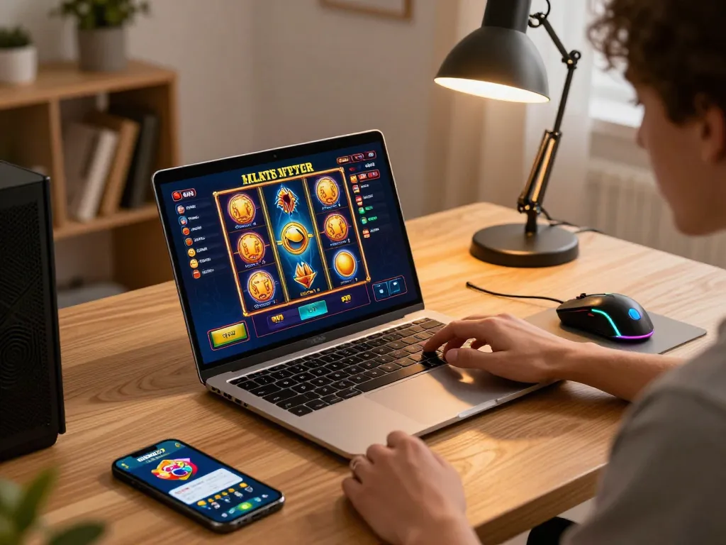 Person playing online slots on NEGO77 gaming app at home with colorful accessories.