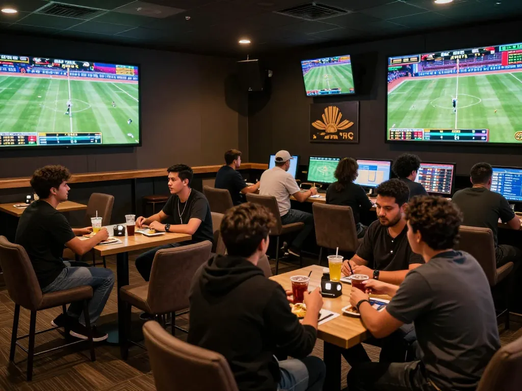 Theo thao o8: Engaging sports bettors analyzing live events and placing bets in a vibrant lounge atmosphere.