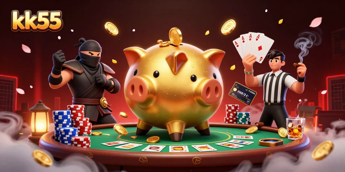 kk55 strategy session with cartoon piggy bank, ninja wallet, and samurai at a poker table.