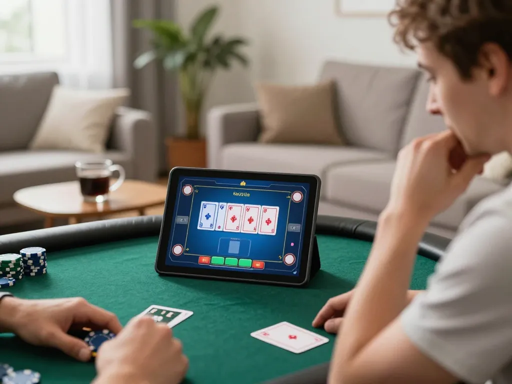 Player strategizing during a thrilling online poker session in a cozy living room