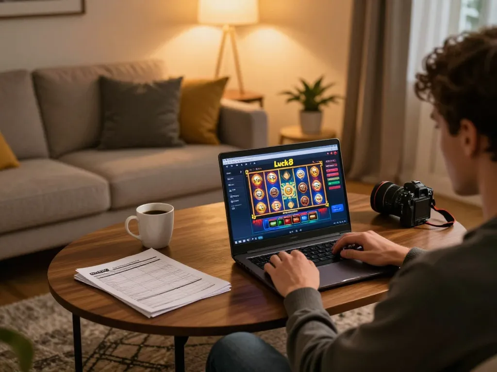 Luck8 player strategizing over live gaming on a laptop in a cozy setting, emphasizing online gambling.