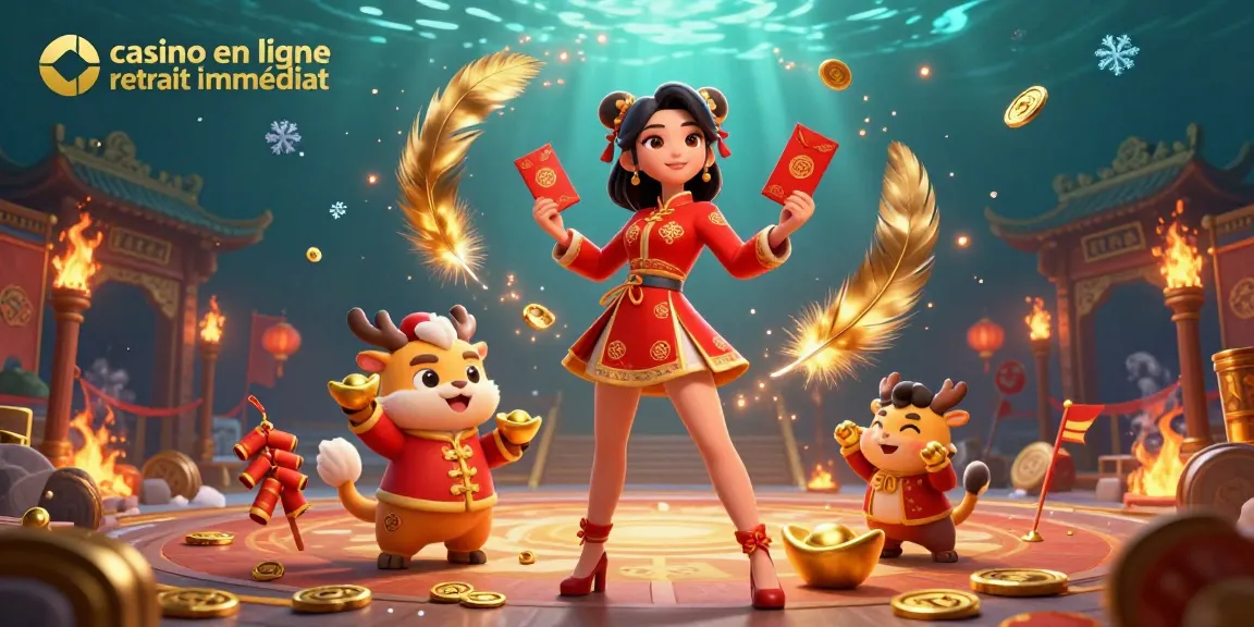 Découvrez les fonctionnalités essentielles de casino en ligne retrait immédiat dans cette illustration 3D vibrante mettant en avant des éléments asiatiques festifs et l'excitation du jeu.