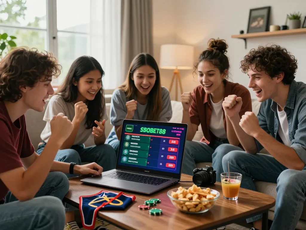 SBOBET88 sports betting scene with friends engaging around a laptop, showcasing live odds and excitement in a modern living room.