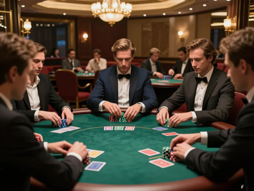 uu88 players strategizing in an exclusive poker game, elegant casino atmosphere