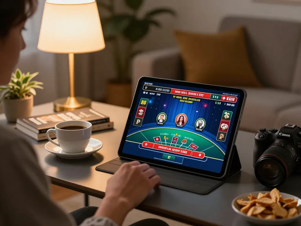 Engaging in live dealer game on tablet at home, revealing top situs gacor strategy.