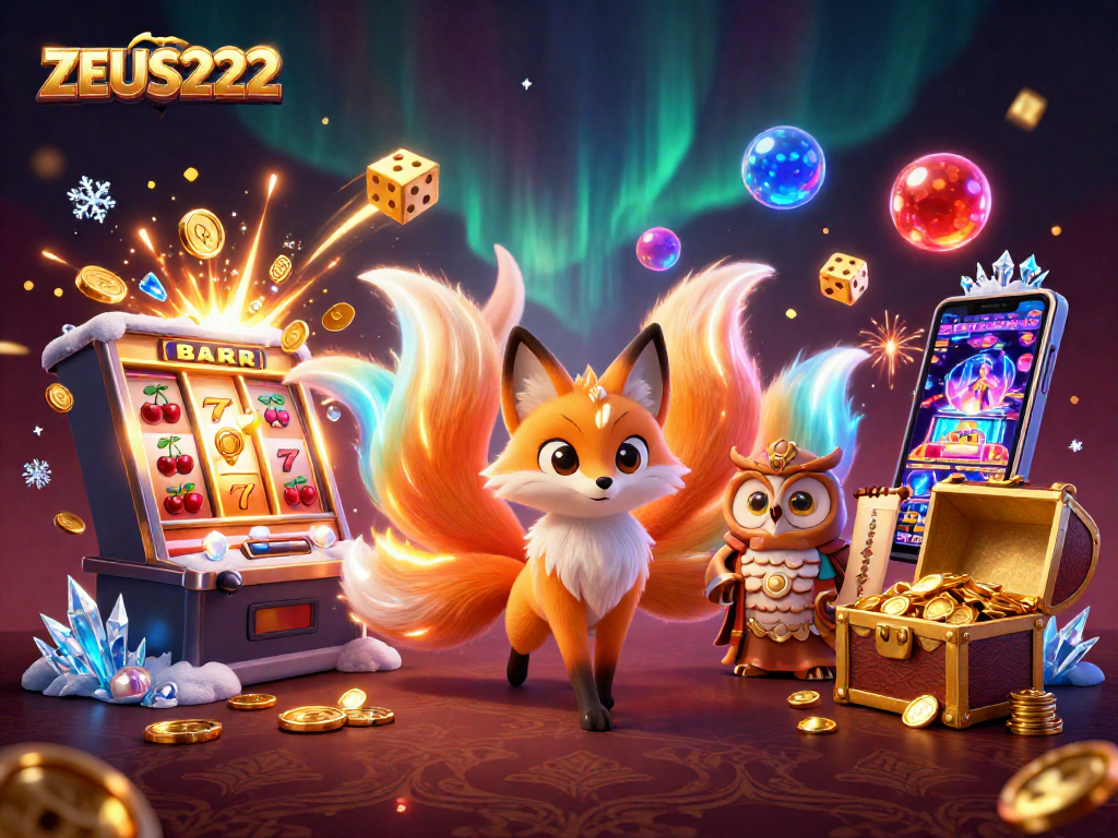 Engage with ZEUS222 in a vibrant casino scene featuring a lucky fox spirit and brilliant slot machine