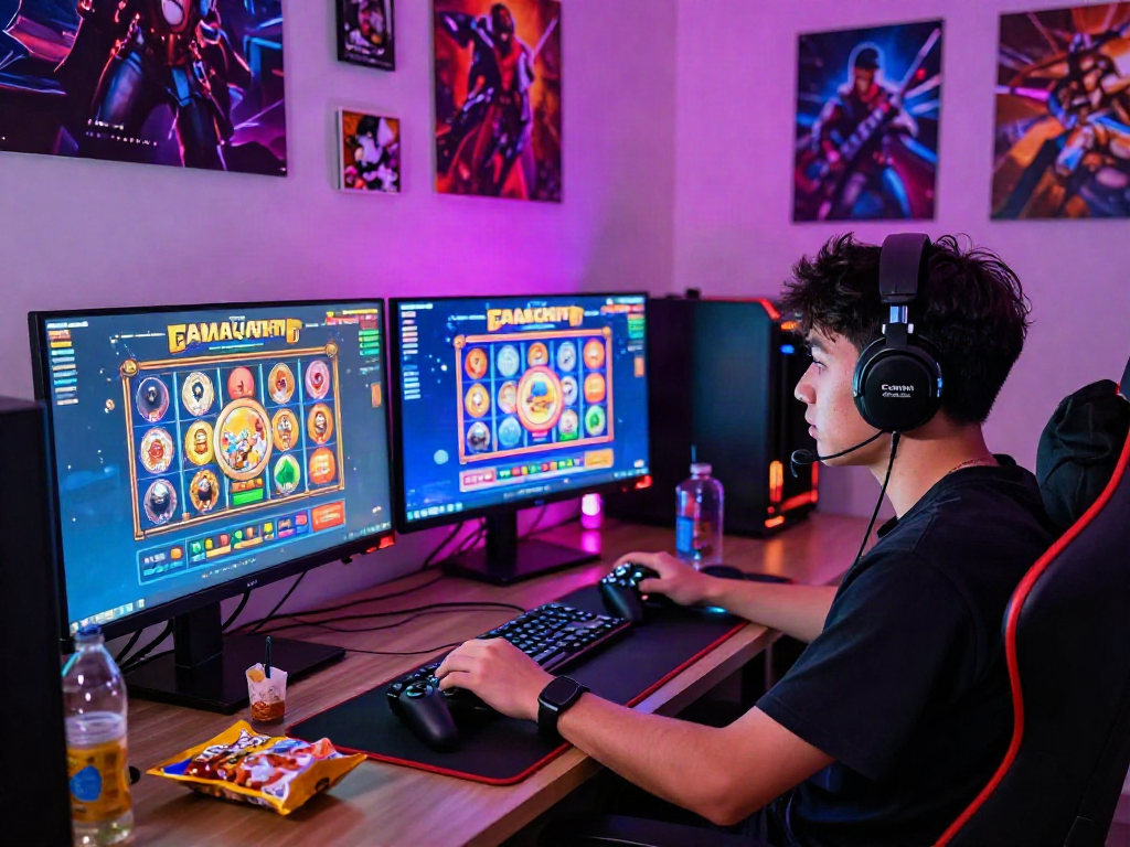 Player immersed in slot gacor gaming experience at illuminated desk.