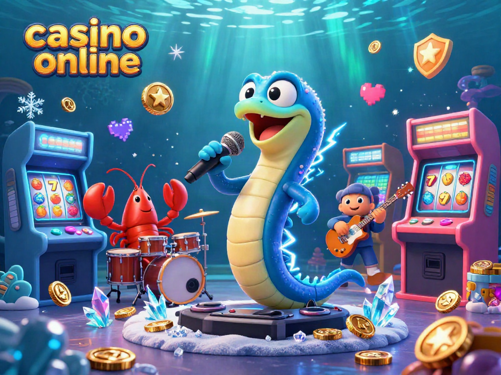 Experience excitement in this casino online scene with electric eel DJ, lobster drummer, and vibrant 3D game visuals.