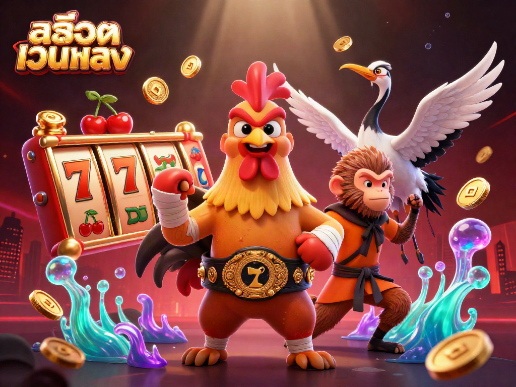 Play สล็อตเว็บตรง to win big with a dynamic 3D scene featuring a Muay Thai rooster and martial artists.