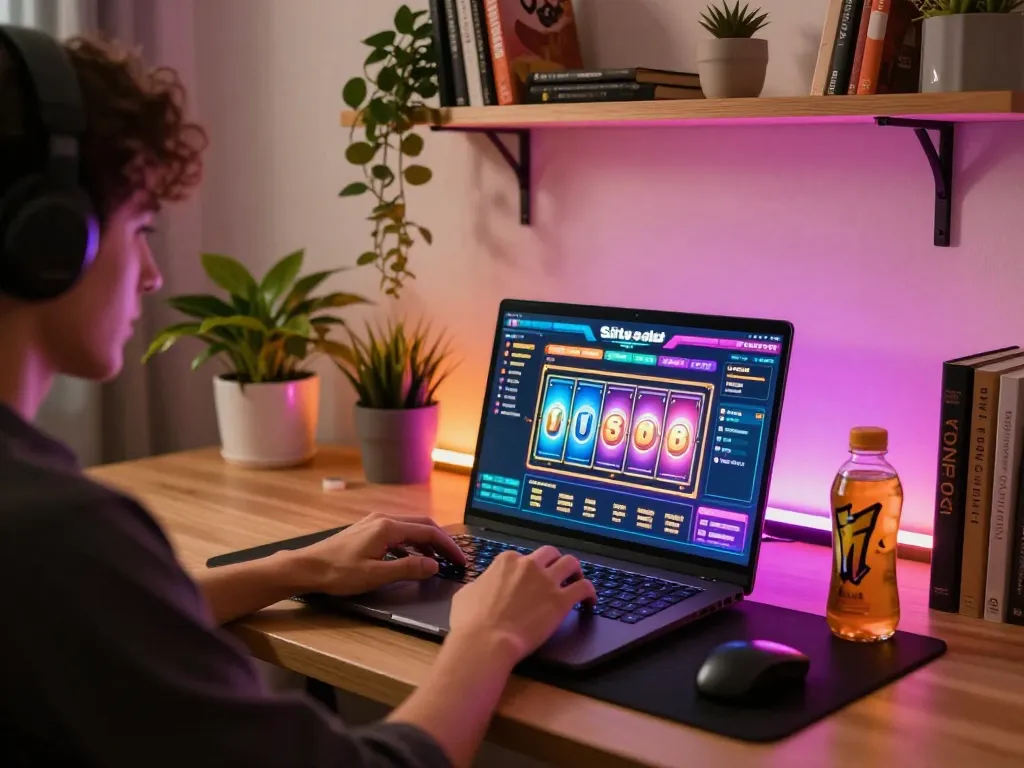 Engaging in dynamic situs slot gameplay on a laptop at home with colorful spinning reels