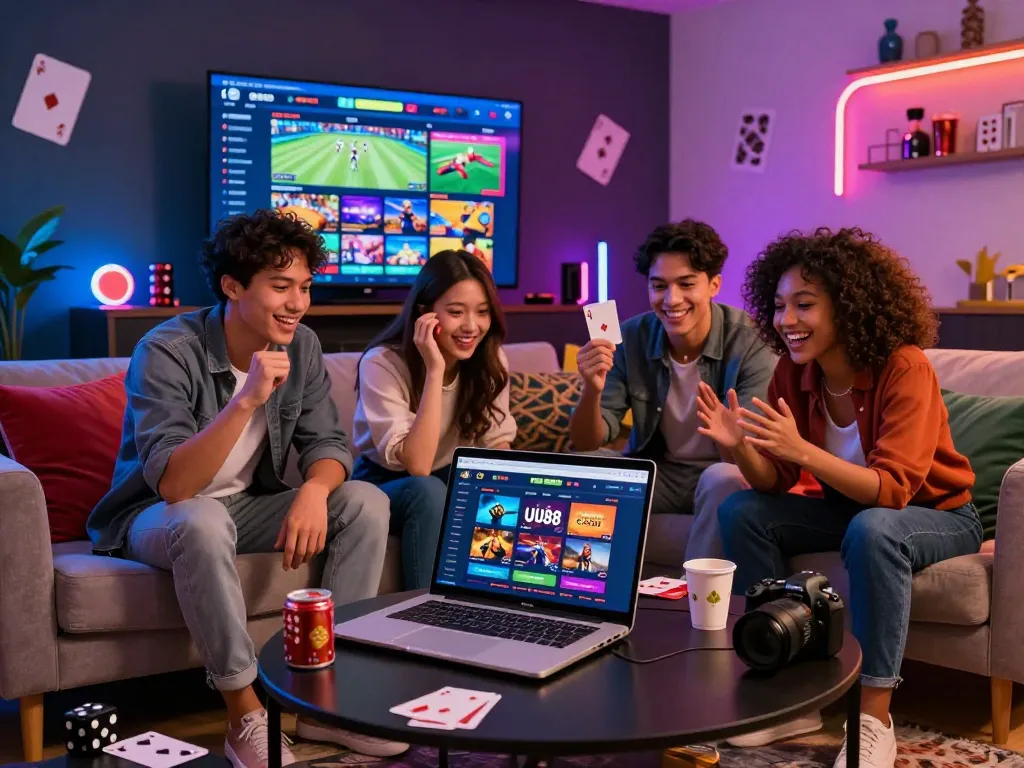 Exciting group of friends exploring UU88 COM online betting platform in a vibrant gaming room atmosphere.