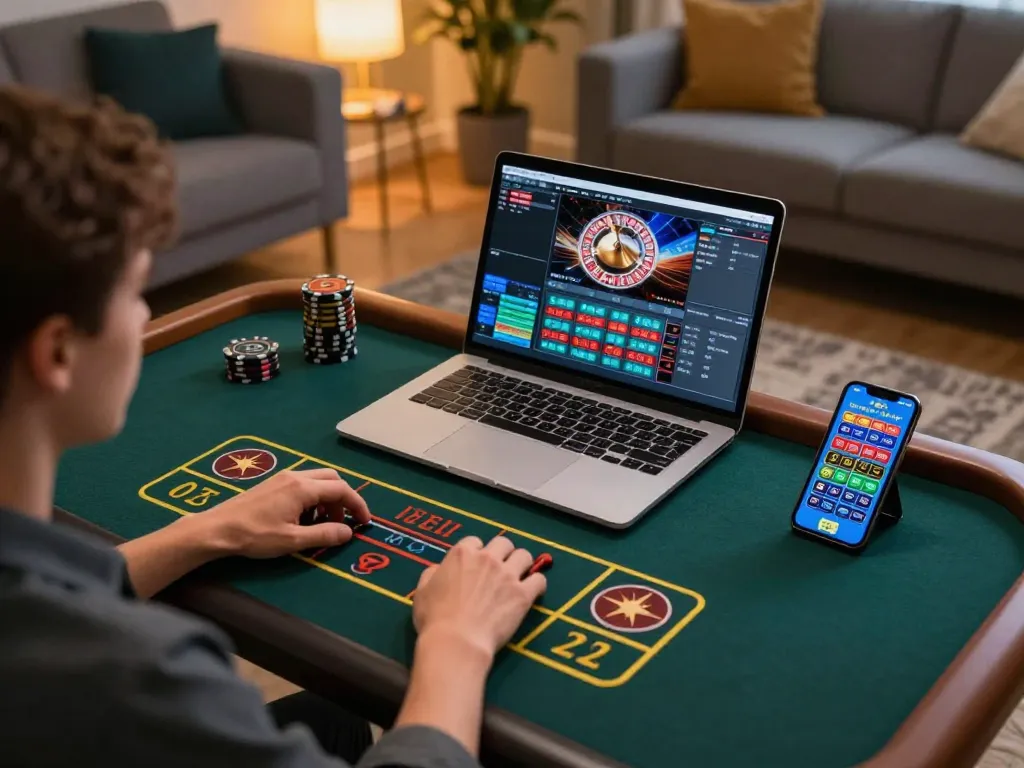 Engaging in online gaming at rikvip while using live dealer roulette on a laptop in a cozy home setting.