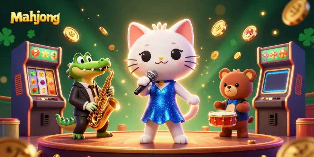 Permainan mahjong yang menarik dengan karakter kartun di kasino, termasuk kucing penyanyi jazzy dan beruang drum.