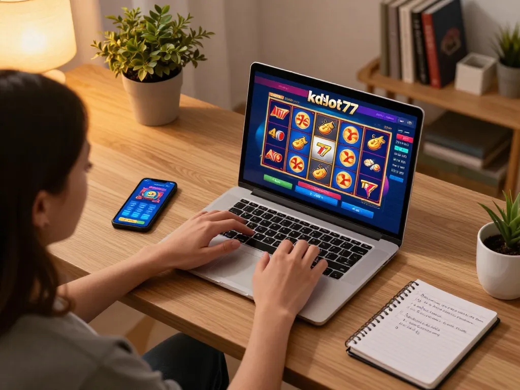 Engaging gameplay session on kdslot77 platform showcasing a laptop with vibrant slot games.