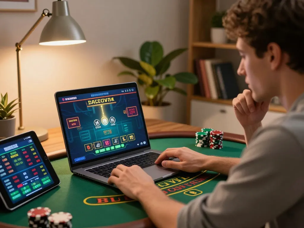 Player strategizing in an online baccarat game with u8888 on their laptop in a cozy home setting.