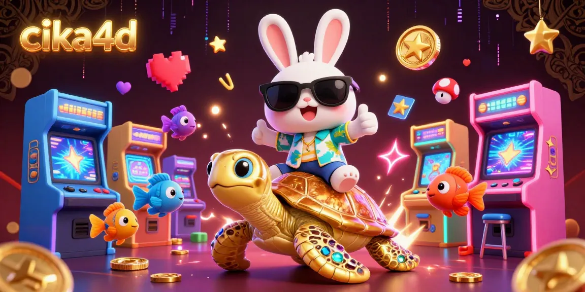 A colorful 3D illustration showcasing cika4d featuring a lucky rabbit and golden turtle in a vibrant casino atmosphere.