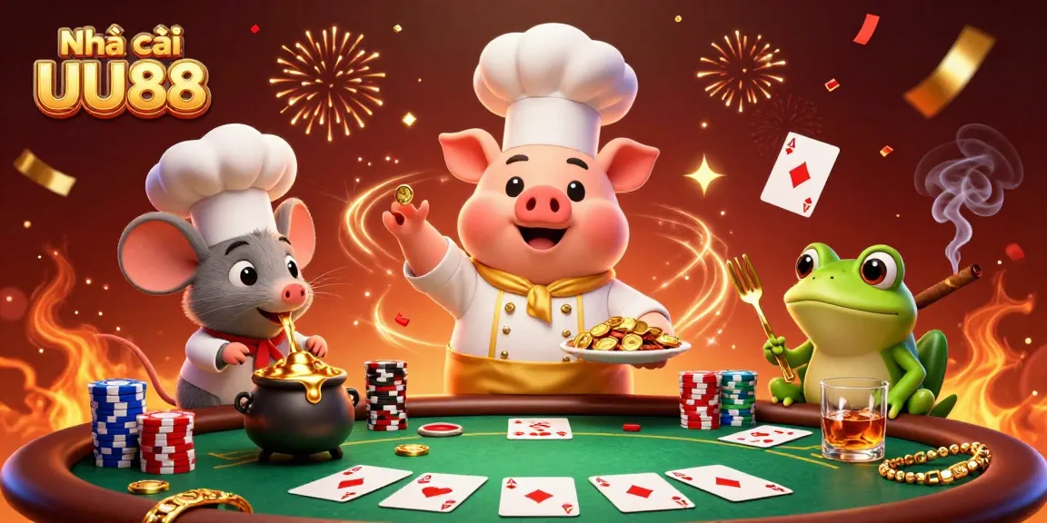 Engage with Nhà cái UU88 by exploring a vibrant 3D illustration showcasing casino elements like poker games and more.