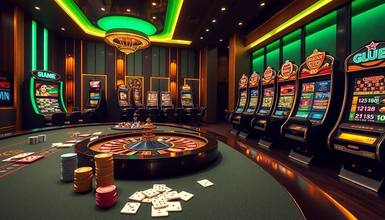 Engaging scene of Trang cược SC88 showcasing vibrant casino elements with a poker table, roulette wheel, and slot machines.