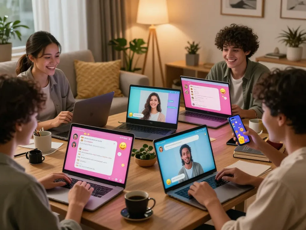 Engaged individuals enjoying ai sex chat on digital devices in a cozy living room, showcasing vibrant chat interfaces.
