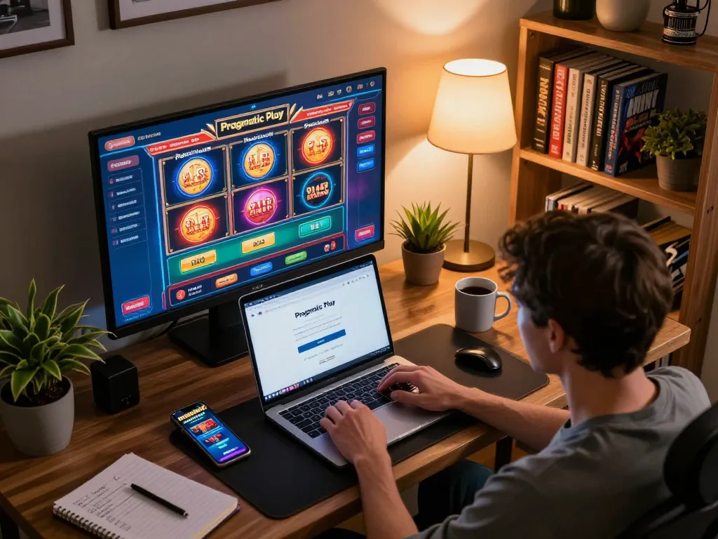 Experience the excitement of online gaming with Pragmatic Play login in a cozy home office setup.