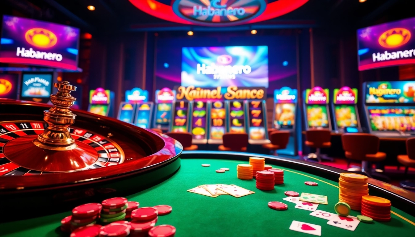 Habanero Systems themed casino scene with slot machines and table games in action.