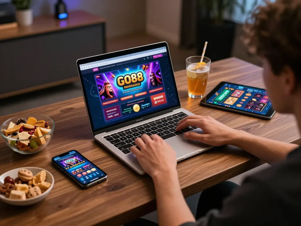 Engaged player enjoying GO88 casino gameplay on a laptop in a cozy home gaming setup.