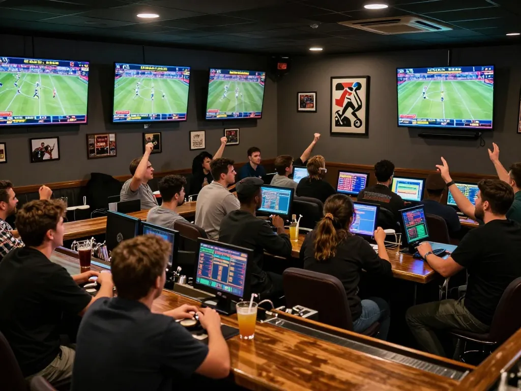 TG88 players enjoying real-time sports betting in an energetic lounge filled with screens and excitement