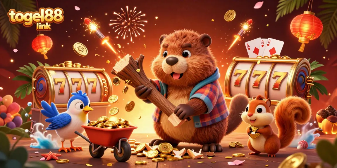 Engage with togel88 link as a cartoon beaver collects golden coins in a vibrant casino setting.