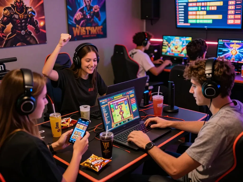 Players enjoying Winstrike69 slot games in a vibrant gaming room atmosphere.