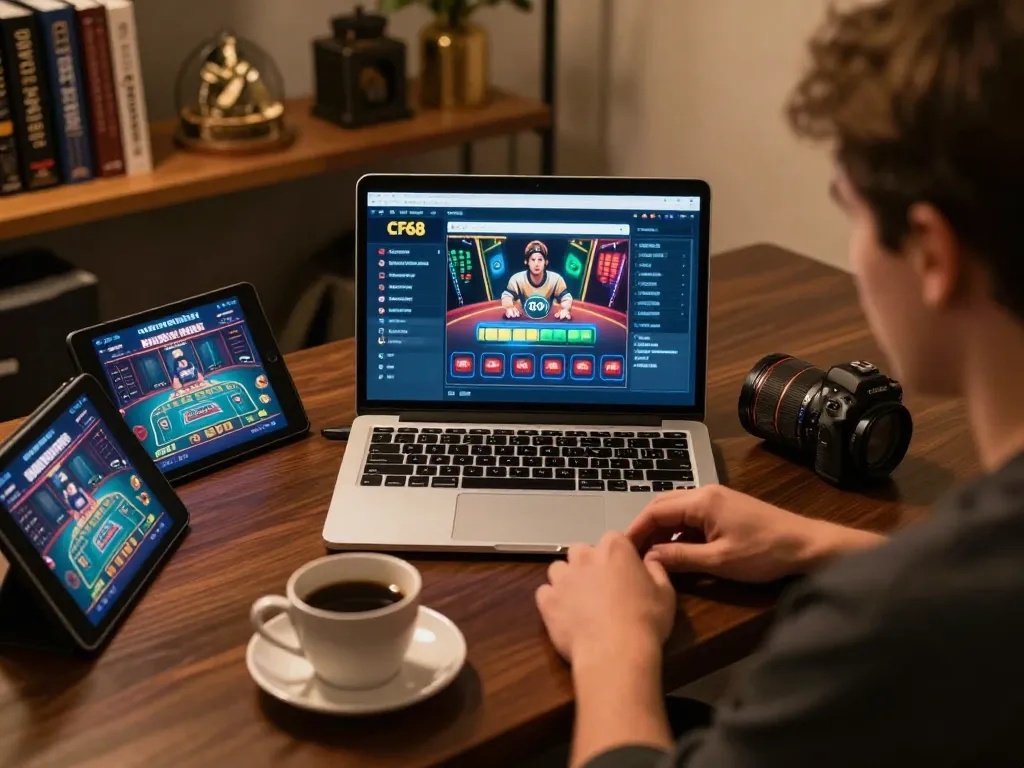 Engaged user exploring the CF68 online casino interface on a laptop, highlighting dynamic online gambling.