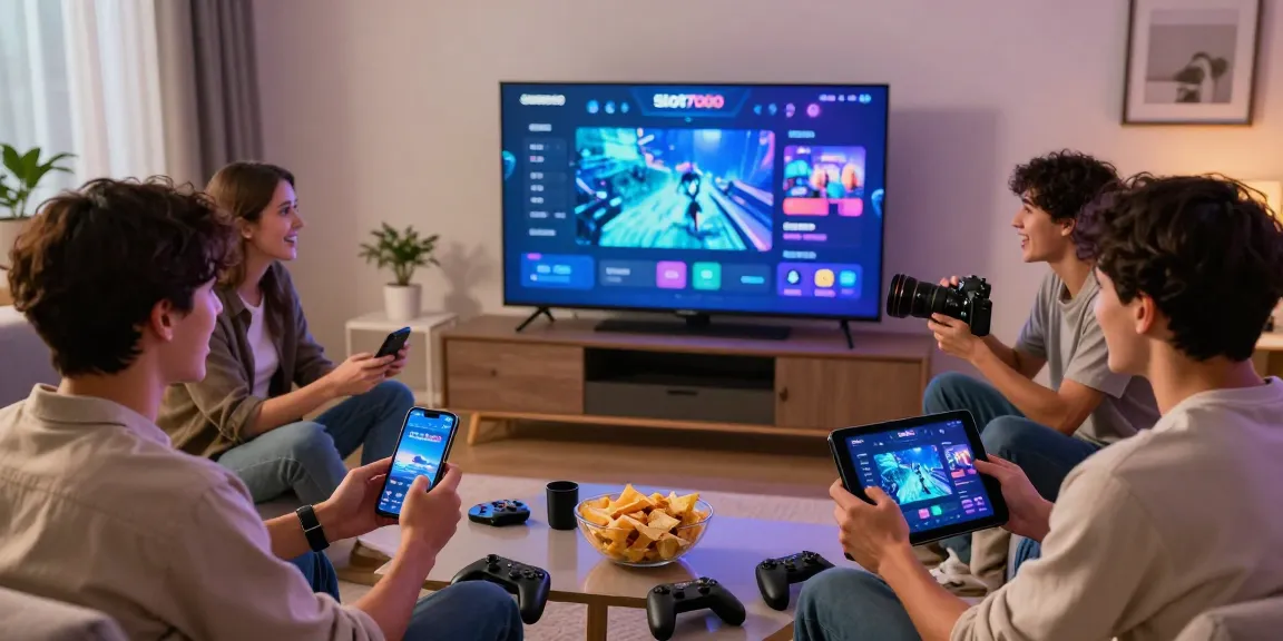 Group of friends gaming on Slot7000 platform in a cozy living room