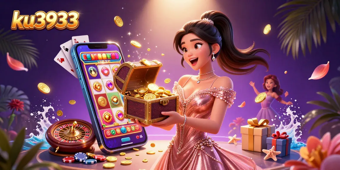 Experience thrilling slot excitement with ku3933 as a stunning woman presents treasure in an extravagant casino scene.