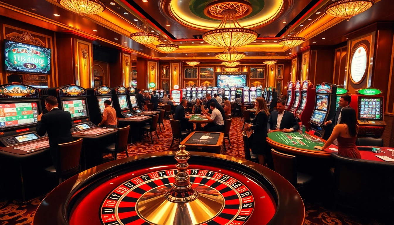Exciting casino scene featuring 88aa tables, a roulette wheel, and engaged players in action.