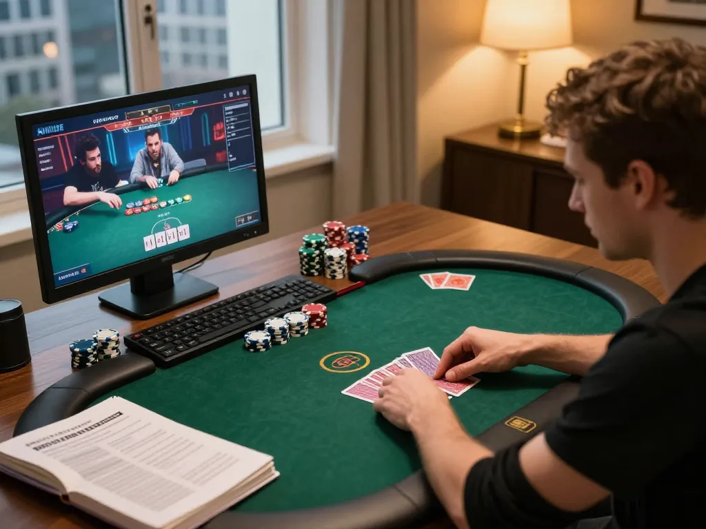 bcx88 player strategizing online poker game in a cozy home office setting