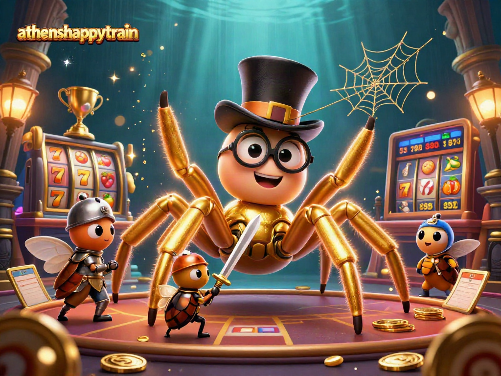 Engage with athenshappytrain through a dynamic scene of a golden tarantula weaving luck in a vibrant casino.