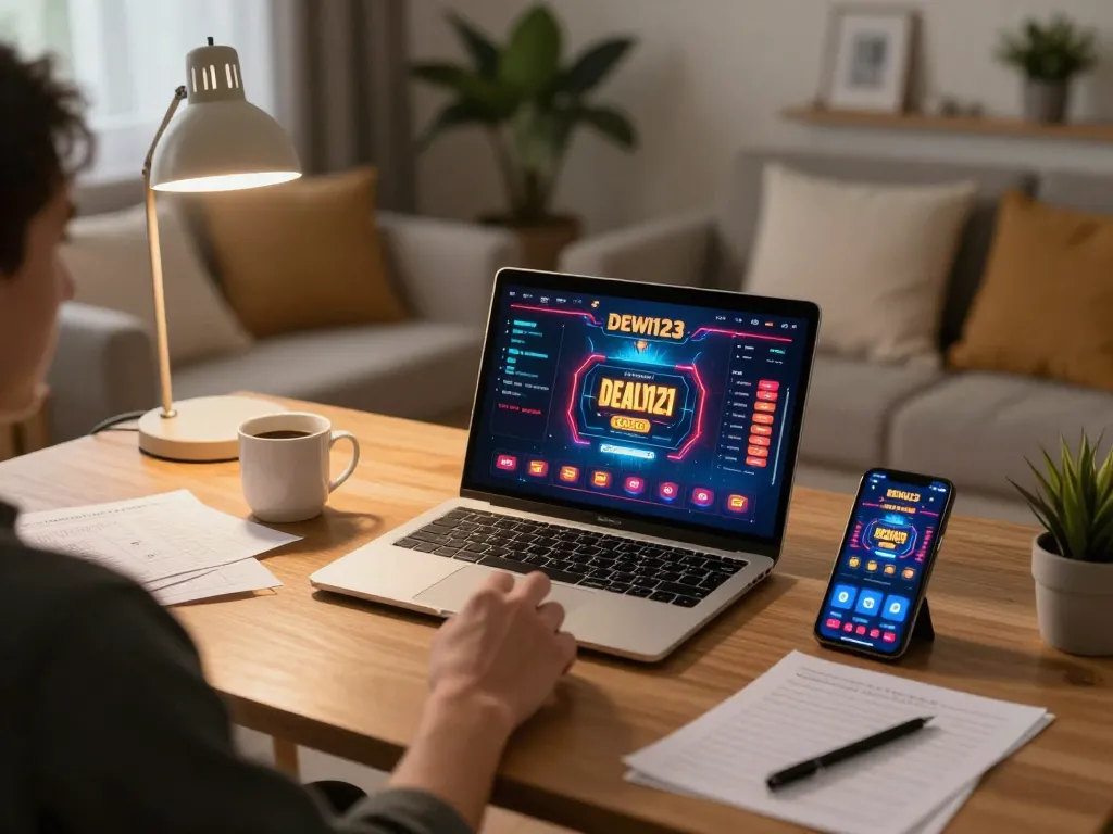 Pemain menggunakan aplikasi kasino DEWI123 di laptop, memamerkan permainan online yang strategis.