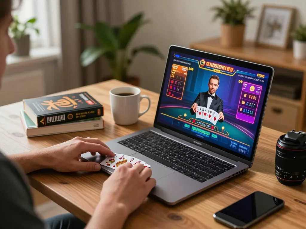 Player enjoying blackjack on a laptop at home, embodying 789club's immersive gaming experience with live dealer