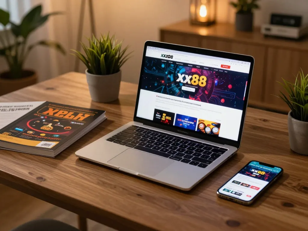 Enjoy immersive gameplay at xx88 with a cozy online casino setup featuring laptop and strategic materials.