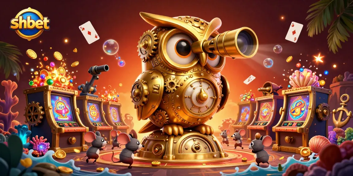 Experience shbet excitement with vibrant casino scene featuring a golden owl, mouse patrons, and treasures.