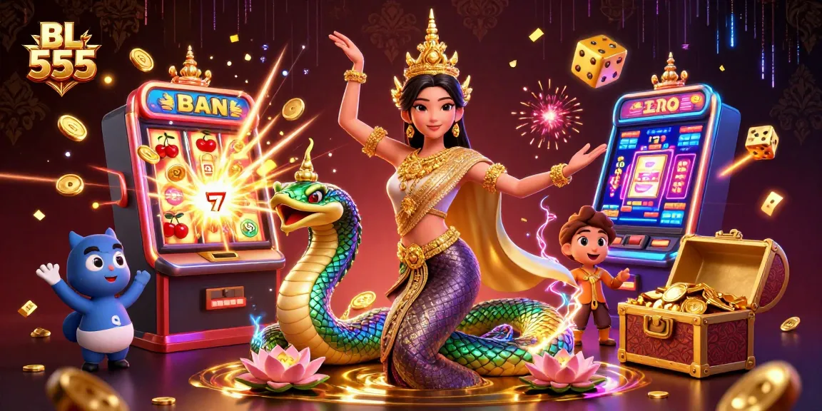 Engage with thrilling slots at BL 555, showcasing vibrant casino elements and jackpots.
