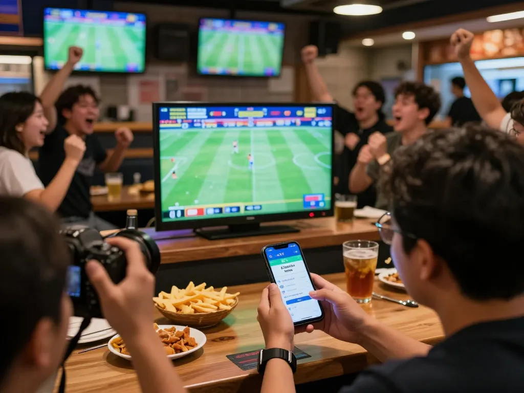 Engaging sports betting with kkeonhacai app, viewer at sports bar captivated by live action.