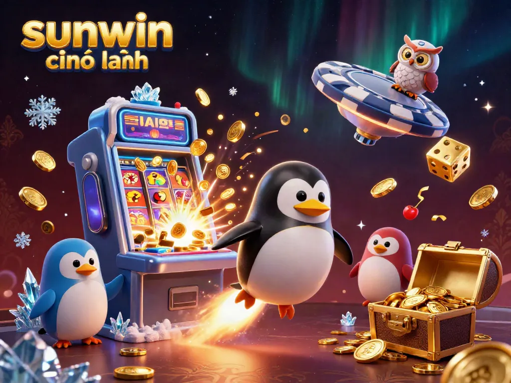 Play exciting games at sunwin chính hãng, featuring dynamic casino elements and a cosmic penguin.