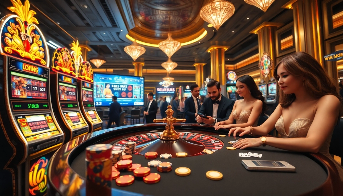 Exciting OLYMPUS88 casino scene showcasing luxurious slot machines and vibrant gaming action.