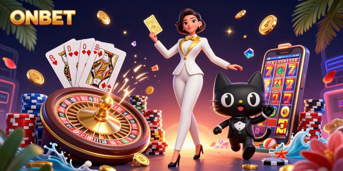 Join the fun with ONBET as players engage in thrilling card games amidst golden coins and lavish casinos.