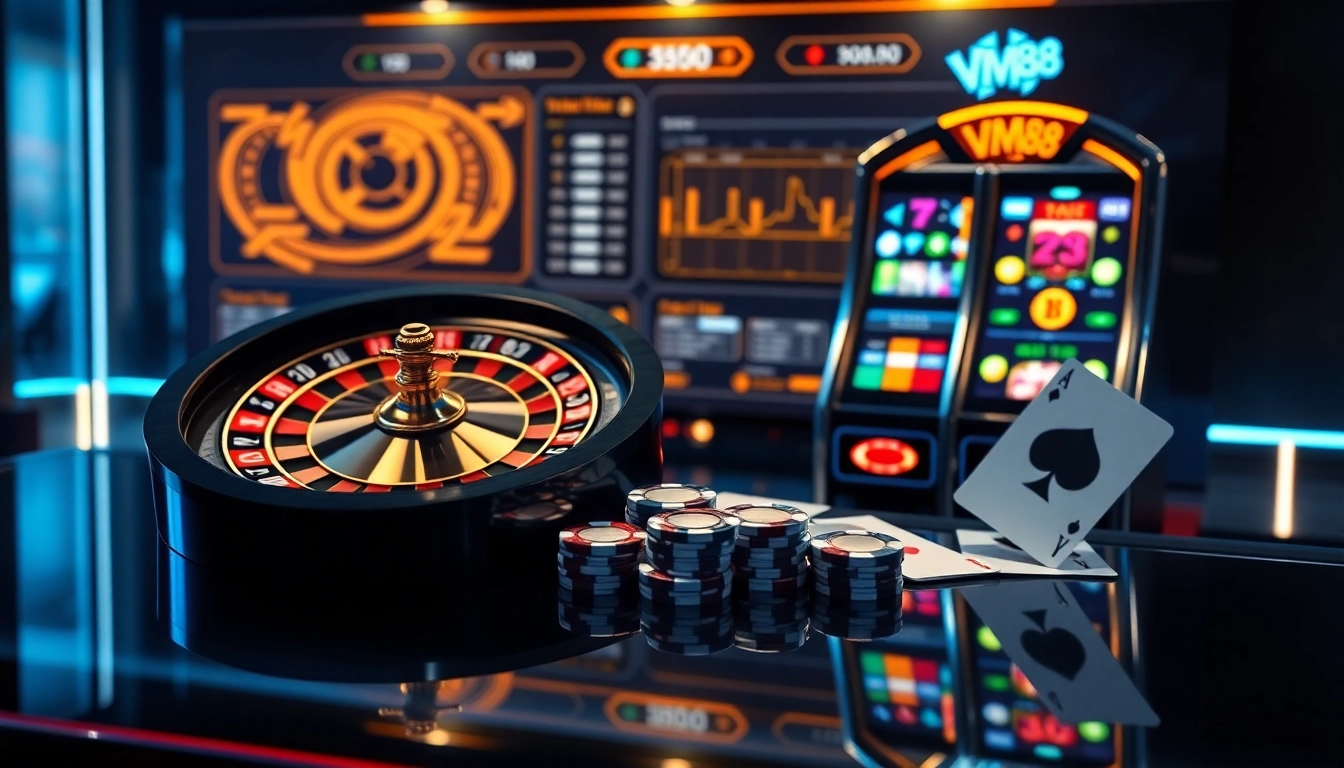 VM88 showcasing a professional online casino interface with dynamic roulette wheel and vibrant poker chips providing strategic betting options