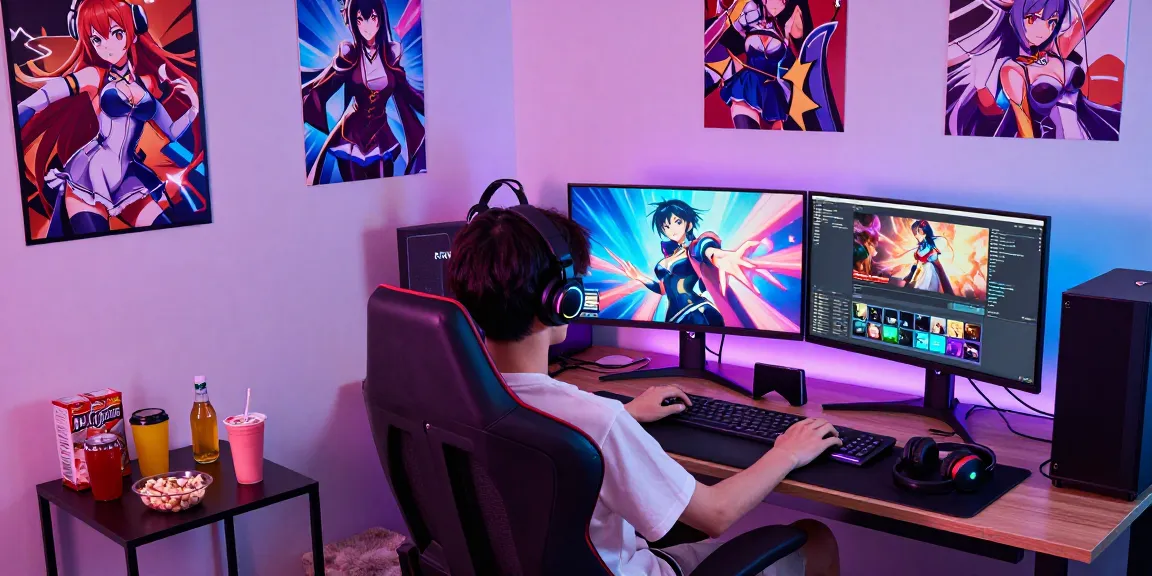 Gamer playing an ecchi game in a vibrant setup, surrounded by colorful lights and gaming accessories.